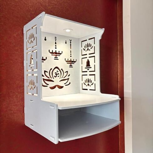 معبد حائط خشبي حديث للمنزل ، المكتب ، غرفة المعيشة | أبيض بوجا ماندير مع LED Light & Storage Shelf | معبد خشبي 15.8 "ارتفاع | معبد ديي للمنزل من الهند in Saudi Arabia