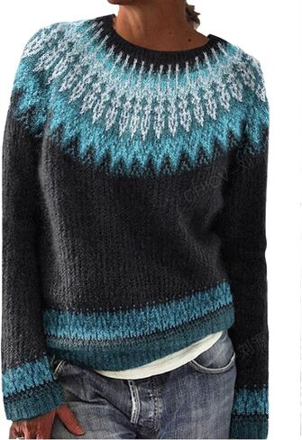 Sweater for Women Knitted Long Sleeve Sweater Tops Fair Isle Print Ugly Christmas Pullover Retro Crewneck Sweaters in Saudi Arabia