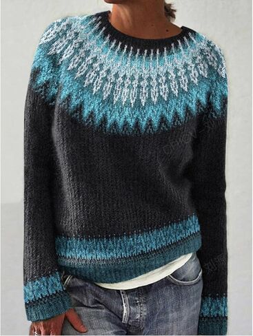 Sweater for Women Knitted Long Sleeve Sweater Tops Fair Isle Print Ugly Christmas Pullover Retro Crewneck Sweaters in Saudi Arabia