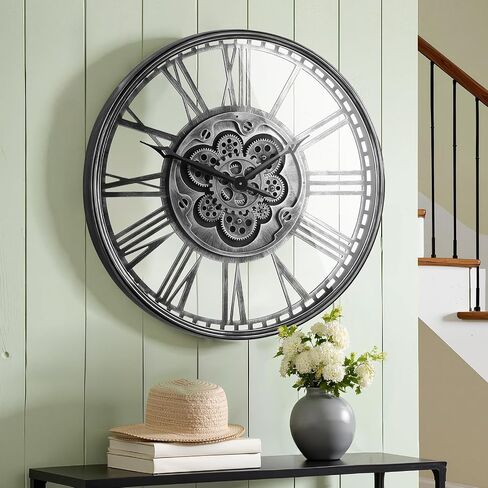 24'' Extra Large Farmhouse Wall Clock, Vintage Wall Clock with Real Moving Gears/Metal Frame for Living Room, Dining Room, Bedroom, Office Decor. (Antique Brass Gold) in Saudi Arabia