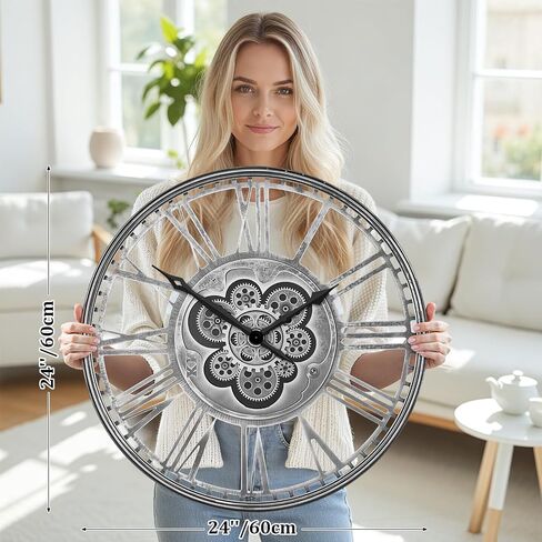 24'' Extra Large Farmhouse Wall Clock, Vintage Wall Clock with Real Moving Gears/Metal Frame for Living Room, Dining Room, Bedroom, Office Decor. (Antique Brass Gold) in Saudi Arabia