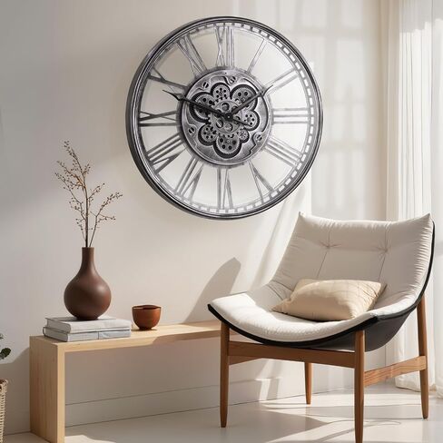 24'' Extra Large Farmhouse Wall Clock, Vintage Wall Clock with Real Moving Gears/Metal Frame for Living Room, Dining Room, Bedroom, Office Decor. (Antique Brass Gold) in Saudi Arabia