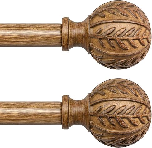 2 Pack Wood Curtain Rods for Windows 48 to 84 Inch, 1'' Adjustable Decorative Drapery Rods with Imitation Wood Grain Leaf Pattern Finials, Boho Heavy Duty Window Curtain Rods Set 36''-88'' in Saudi Arabia