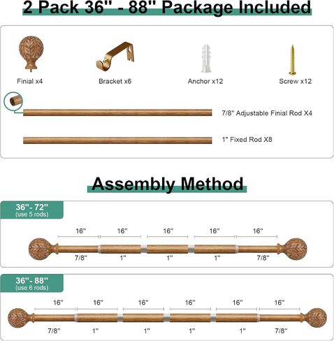 2 Pack Wood Curtain Rods for Windows 48 to 84 Inch, 1'' Adjustable Decorative Drapery Rods with Imitation Wood Grain Leaf Pattern Finials, Boho Heavy Duty Window Curtain Rods Set 36''-88'' in Saudi Arabia