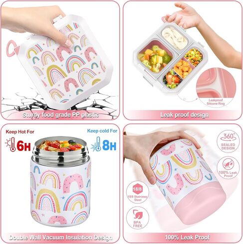 Bento Lunch Box for Kids with 12oz Soup Thermo Leak-Proof Lunch Food Container with 5 Compartment Thermo Hot Food Jar and Insulated Lunch Bag for Kid Toddler Girls Boys to School in Saudi Arabia