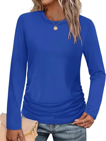 قمصان الأكمام الطويلة Sampeel للنساء Ruched Fall Tops Crew Neck T Shirts Fashion Clothing 2025 in Saudi Arabia