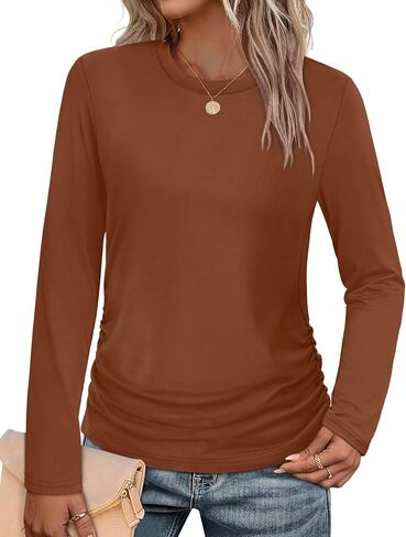 قمصان الأكمام الطويلة Sampeel للنساء Ruched Fall Tops Crew Neck T Shirts Fashion Clothing 2025 in Saudi Arabia