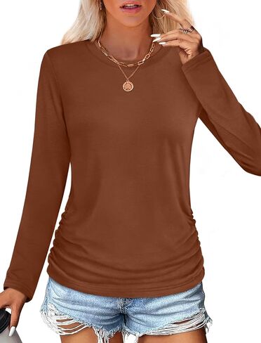 قمصان الأكمام الطويلة Sampeel للنساء Ruched Fall Tops Crew Neck T Shirts Fashion Clothing 2025 in Saudi Arabia