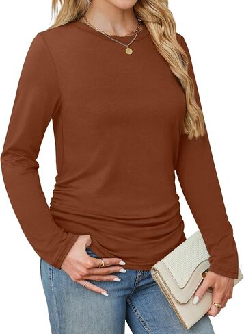 قمصان الأكمام الطويلة Sampeel للنساء Ruched Fall Tops Crew Neck T Shirts Fashion Clothing 2025 in Saudi Arabia