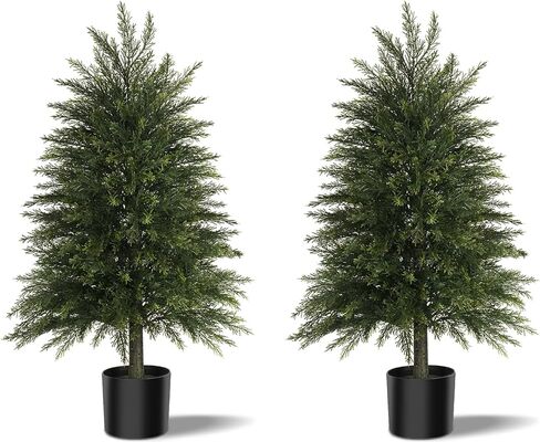 4FT Artificial Cedar Trees Set of 2, Realistic Faux Evergreen Topiary Bushes Plants, Outdoor Potted Fake Cypress Shrubs for Front Porch Garden Home Living Room Decor in Saudi Arabia