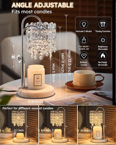 Candle Warmer Lamp with Timer Dimmer Adjustable Height Candle Warmer with Marble Base for Jar Candles, Crystal Candle Lamp with 3 Bulbs for New Home Decor, Women Mom Christmas Birthday Gifts, Silver in Saudi Arabia
