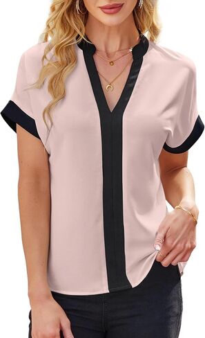 Avanova Women Color Block V Neck Blouse Shirt Short Sleeve Work Top in Saudi Arabia