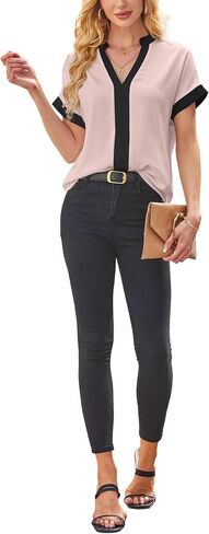 Avanova Women Color Block V Neck Blouse Shirt Short Sleeve Work Top in Saudi Arabia