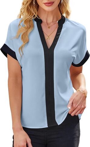 Avanova Women Color Block V Neck Blouse Shirt Short Sleeve Work Top in Saudi Arabia