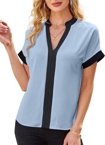 Avanova Women Color Block V Neck Blouse Shirt Short Sleeve Work Top in Saudi Arabia