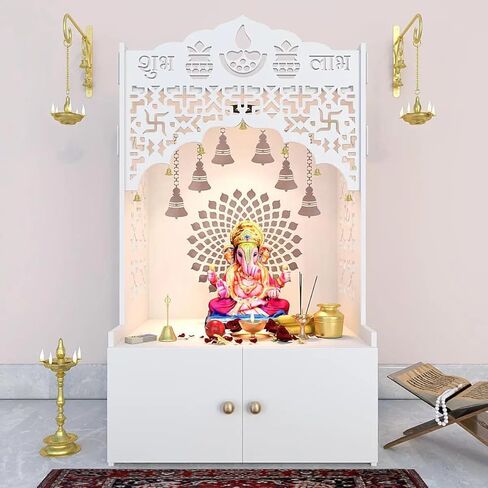 Pooja Mandir الخشبية الإلهية للمنزل مع رف فسيح وضوء تركيز في ثناي جهد - أبيض بوجا ماندير ، 96 سم - معبد للمنزل in Saudi Arabia