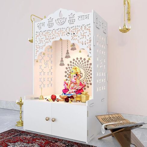 Pooja Mandir الخشبية الإلهية للمنزل مع رف فسيح وضوء تركيز في ثناي جهد - أبيض بوجا ماندير ، 96 سم - معبد للمنزل in Saudi Arabia