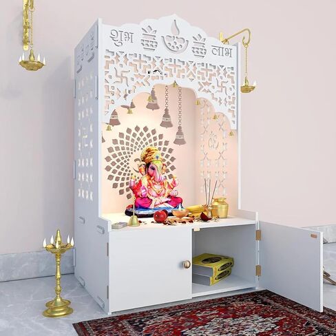 Pooja Mandir الخشبية الإلهية للمنزل مع رف فسيح وضوء تركيز في ثناي جهد - أبيض بوجا ماندير ، 96 سم - معبد للمنزل in Saudi Arabia