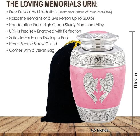 Personalized Medallion Pink Angel Wings Cremation Urns for Adult Ashes Male Female - 200lbs Burial Urns for Human Ashes - Handcrafted Funeral Decorative Urns for Ashes Adult Female with Velvet Bag in Saudi Arabia