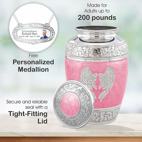Personalized Medallion Pink Angel Wings Cremation Urns for Adult Ashes Male Female - 200lbs Burial Urns for Human Ashes - Handcrafted Funeral Decorative Urns for Ashes Adult Female with Velvet Bag in Saudi Arabia