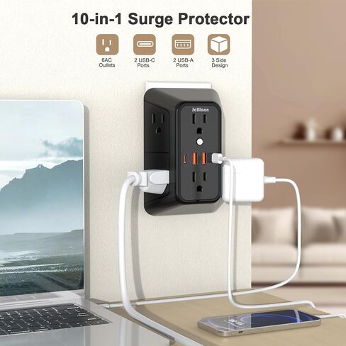 Outlet Extender Surge Protector - 6 Outlet Splitter with 4 USB Ports (2 USB C), Multiple Plug Expander Wall Charger, 3 Sided Multi Plug Wall Adapter Power Strip for Home Office Kitchen Travel in Saudi Arabia