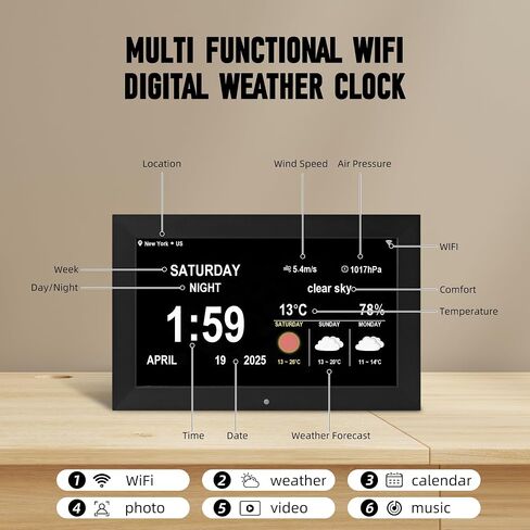 WiFi Digtial Wall Clock,Desk Clock with Weather Temperature Humidify,10 Day Weather Forecast,Weather Station with Digital Calendar and Dementia Alarm clockx for Seniors.(Black, 7 inches) in Saudi Arabia