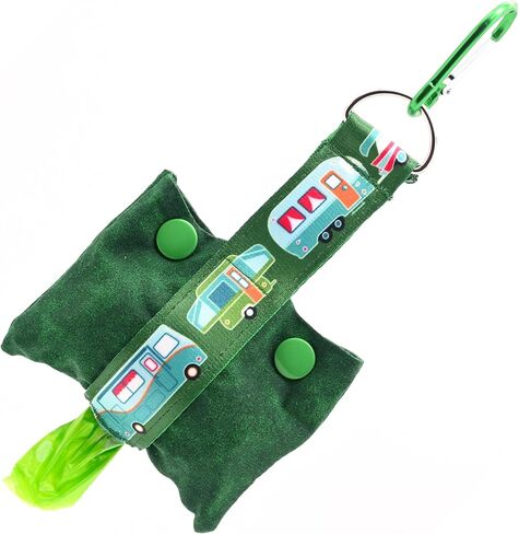 Fashion Tote Waste Bag Holder - Dog Poop Bag Dispenser With Clip - Bottom Dispensing For One-Handed Use - Clips on Leash - RV Campers on Red - Handmade by Green Acorn Kitchen in Kuwait