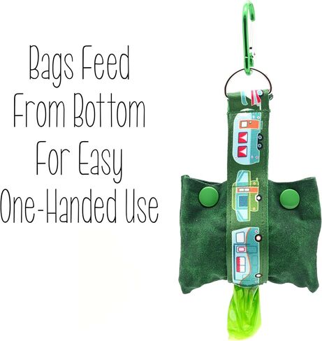 Fashion Tote Waste Bag Holder - Dog Poop Bag Dispenser With Clip - Bottom Dispensing For One-Handed Use - Clips on Leash - RV Campers on Red - Handmade by Green Acorn Kitchen in Kuwait