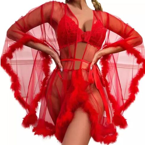 MioCloth Sexy Tulle Feather Robe Sheer Mesh Fur Illusion Robe Nightgown Bridal Lingeries Gift Women Feather Trim Dress in Kuwait
