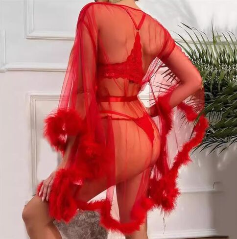 MioCloth Sexy Tulle Feather Robe Sheer Mesh Fur Illusion Robe Nightgown Bridal Lingeries Gift Women Feather Trim Dress in Kuwait