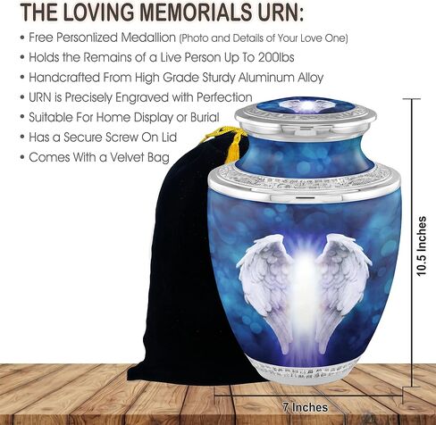 Personalized Medallion Pink Angel Wings Cremation Urns for Adult Ashes Male Female - 200lbs Burial Urns for Human Ashes - Handcrafted Funeral Decorative Urns for Ashes Adult Female with Velvet Bag in Saudi Arabia