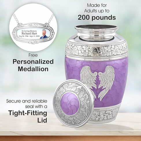 Personalized Medallion Pink Angel Wings Cremation Urns for Adult Ashes Male Female - 200lbs Burial Urns for Human Ashes - Handcrafted Funeral Decorative Urns for Ashes Adult Female with Velvet Bag in Saudi Arabia