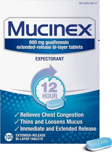 Mucinex 12 ساعة 600 ملغ من أجهزة Guaifenesin الممتدة للإصدار لتخفيف المخاط الزائد ، ومساعدات المُقنّع ، الإيدز على إزالة المخاط الزائدة ، وتخفيف احتقان الصدر ، و 100 أقراص ثنائية الطبقة in Saudi Arabia