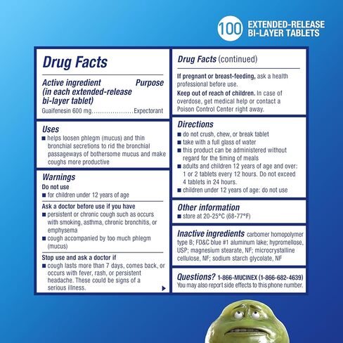 Mucinex 12 ساعة 600 ملغ من أجهزة Guaifenesin الممتدة للإصدار لتخفيف المخاط الزائد ، ومساعدات المُقنّع ، الإيدز على إزالة المخاط الزائدة ، وتخفيف احتقان الصدر ، و 100 أقراص ثنائية الطبقة in Saudi Arabia