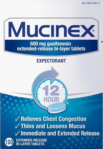 Mucinex 12 ساعة 600 ملغ من أجهزة Guaifenesin الممتدة للإصدار لتخفيف المخاط الزائد ، ومساعدات المُقنّع ، الإيدز على إزالة المخاط الزائدة ، وتخفيف احتقان الصدر ، و 100 أقراص ثنائية الطبقة in Saudi Arabia