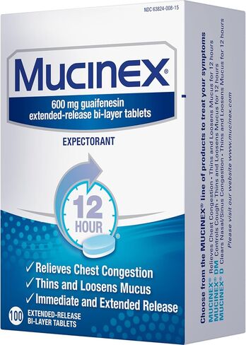 Mucinex 12 ساعة 600 ملغ من أجهزة Guaifenesin الممتدة للإصدار لتخفيف المخاط الزائد ، ومساعدات المُقنّع ، الإيدز على إزالة المخاط الزائدة ، وتخفيف احتقان الصدر ، و 100 أقراص ثنائية الطبقة in Saudi Arabia