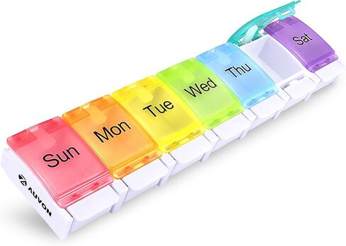 Auvon Weekly Pill Organizer Hrthritis Friendly ، BPA Free Travel 7 Day Pill Box Case مع تصميم مفتوح الربيع وحجرة كبيرة لعقد الفيتامينات وزيت كبد سمك القد والمكملات الغذائية والأدوية in Kuwait