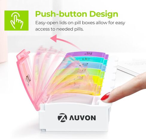 Auvon Weekly Pill Organizer Hrthritis Friendly ، BPA Free Travel 7 Day Pill Box Case مع تصميم مفتوح الربيع وحجرة كبيرة لعقد الفيتامينات وزيت كبد سمك القد والمكملات الغذائية والأدوية in Kuwait