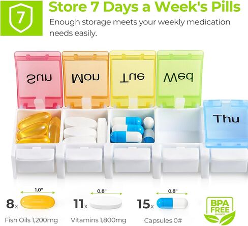 Auvon Weekly Pill Organizer Hrthritis Friendly ، BPA Free Travel 7 Day Pill Box Case مع تصميم مفتوح الربيع وحجرة كبيرة لعقد الفيتامينات وزيت كبد سمك القد والمكملات الغذائية والأدوية in Kuwait