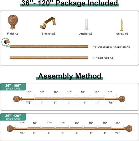 2 Pack Wood Curtain Rods for Windows 48 to 84 Inch, 1'' Adjustable Decorative Drapery Rods with Imitation Wood Grain Leaf Pattern Finials, Boho Heavy Duty Window Curtain Rods Set 36''-88'' in Saudi Arabia