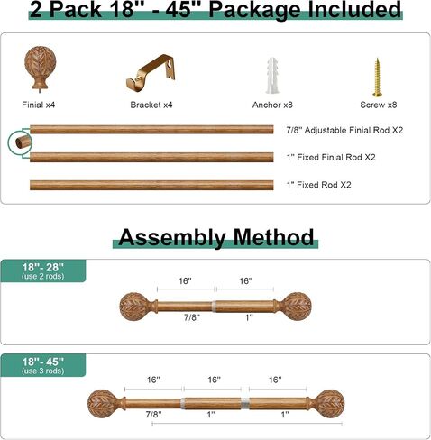 2 Pack Wood Curtain Rods for Windows 48 to 84 Inch, 1'' Adjustable Decorative Drapery Rods with Imitation Wood Grain Leaf Pattern Finials, Boho Heavy Duty Window Curtain Rods Set 36''-88'' in Saudi Arabia