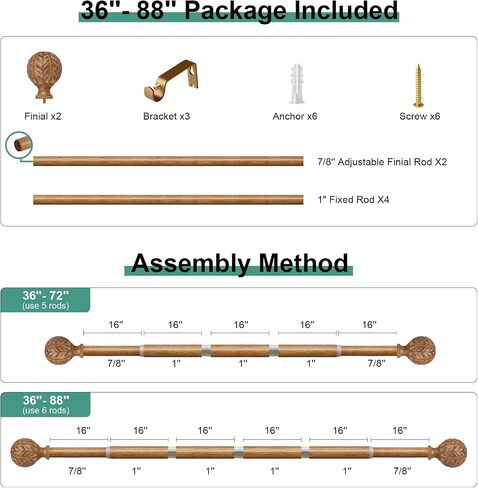 2 Pack Wood Curtain Rods for Windows 48 to 84 Inch, 1'' Adjustable Decorative Drapery Rods with Imitation Wood Grain Leaf Pattern Finials, Boho Heavy Duty Window Curtain Rods Set 36''-88'' in Saudi Arabia