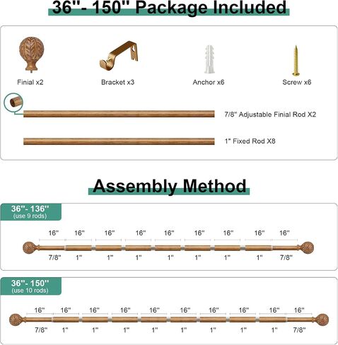 2 Pack Wood Curtain Rods for Windows 48 to 84 Inch, 1'' Adjustable Decorative Drapery Rods with Imitation Wood Grain Leaf Pattern Finials, Boho Heavy Duty Window Curtain Rods Set 36''-88'' in Saudi Arabia