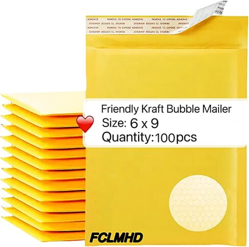 FCLMHD Kraft Bubble Mailers 50 حزمة 4 × 8 بوصة، مظاريف مبطنة صفراء، عبوات بريدية للأعمال الصغيرة، أكياس شحن بريدية كبيرة مقاومة للتمزق ذاتية الغلق لمستلزمات مكياج المجوهرات (50 قطعة 4 × 8) in Kuwait