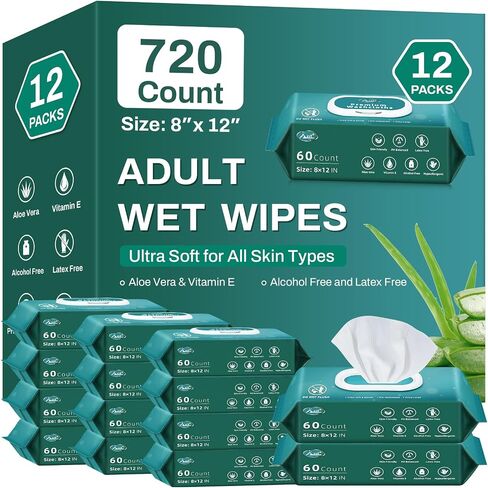 720 Count (12 Packs of 60) Wipes for Adults, 8" x 12" Extra Large Wipes for Incontinence & Cleansing, Body Wipes Bath Wipes - Disposable Shower Wipes for Elderly Bathing No-Rinse - Vitamin E & Aloe in Saudi Arabia