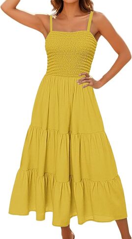 Sundresses for Women 2025 Summer Casual Sleeveless Boho Maxi Dress Spaghetti Strap Smocked Tiered Long Beach Dress in Kuwait