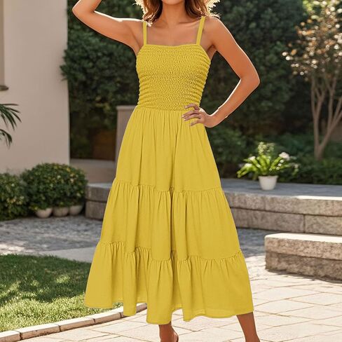 Sundresses for Women 2025 Summer Casual Sleeveless Boho Maxi Dress Spaghetti Strap Smocked Tiered Long Beach Dress in Kuwait