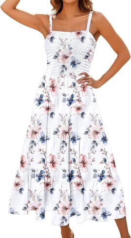 Sundresses for Women 2025 Summer Casual Sleeveless Boho Maxi Dress Spaghetti Strap Smocked Tiered Long Beach Dress in Kuwait