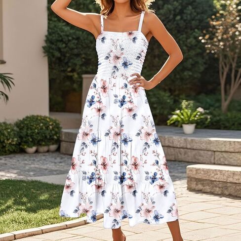Sundresses for Women 2025 Summer Casual Sleeveless Boho Maxi Dress Spaghetti Strap Smocked Tiered Long Beach Dress in Kuwait