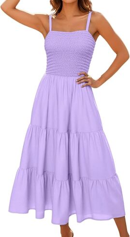 Sundresses for Women 2025 Summer Casual Sleeveless Boho Maxi Dress Spaghetti Strap Smocked Tiered Long Beach Dress in Kuwait